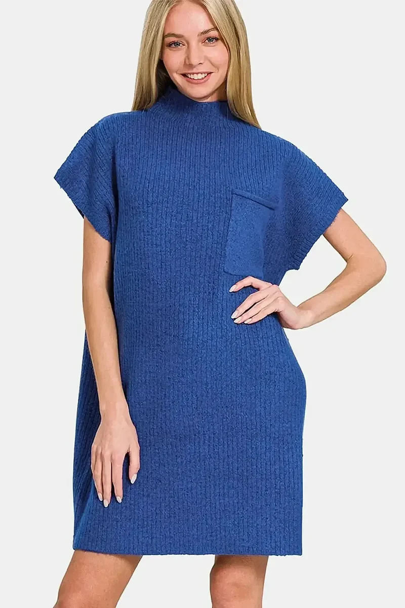 Damesjurk van geribbeld, casual sweater met korte mouwen - Mini van elastisch breisel