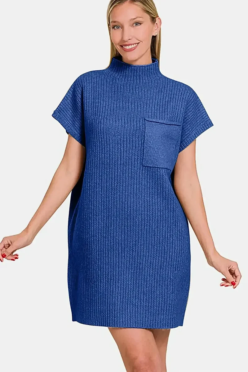 Damesjurk van geribbeld, casual sweater met korte mouwen - Mini van elastisch breisel