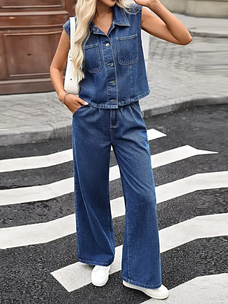 Stijlvolle tweedelige denimset bestaande uit een vest en jeans met knoopsluiting en zakken.