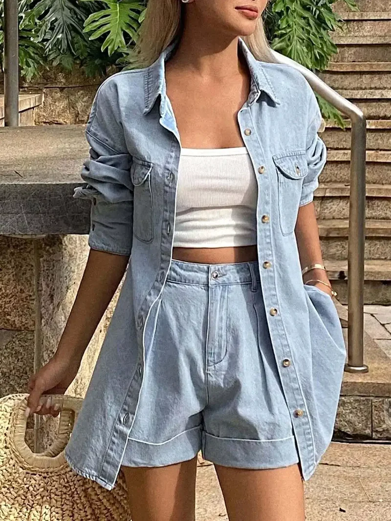 Blouse met lange mouwen en bijpassende denim shorts
