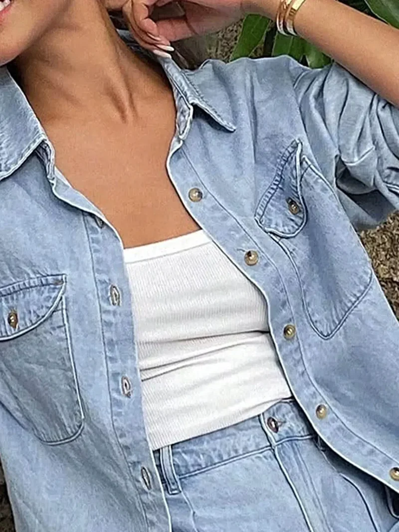 Blouse met lange mouwen en bijpassende denim shorts