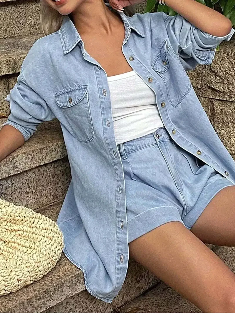 Blouse met lange mouwen en bijpassende denim shorts