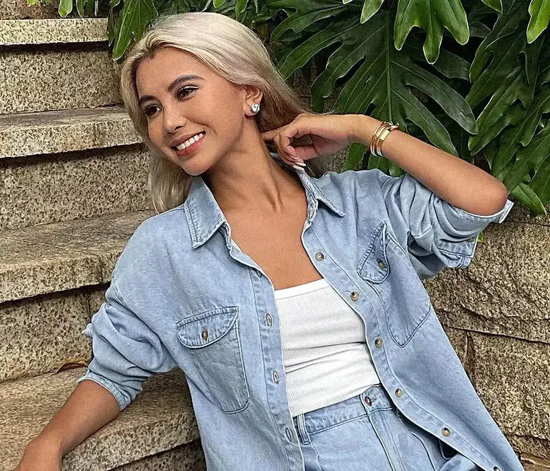 Blouse met lange mouwen en bijpassende denim shorts