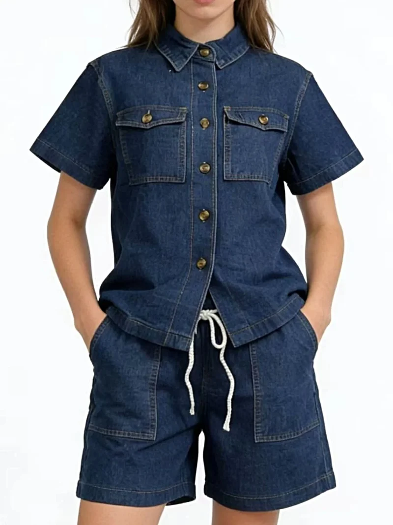Stijlvolle top met korte mouwen en bijpassende shorts - met zakken, trekkoord en hoogwaardige katoenmix.