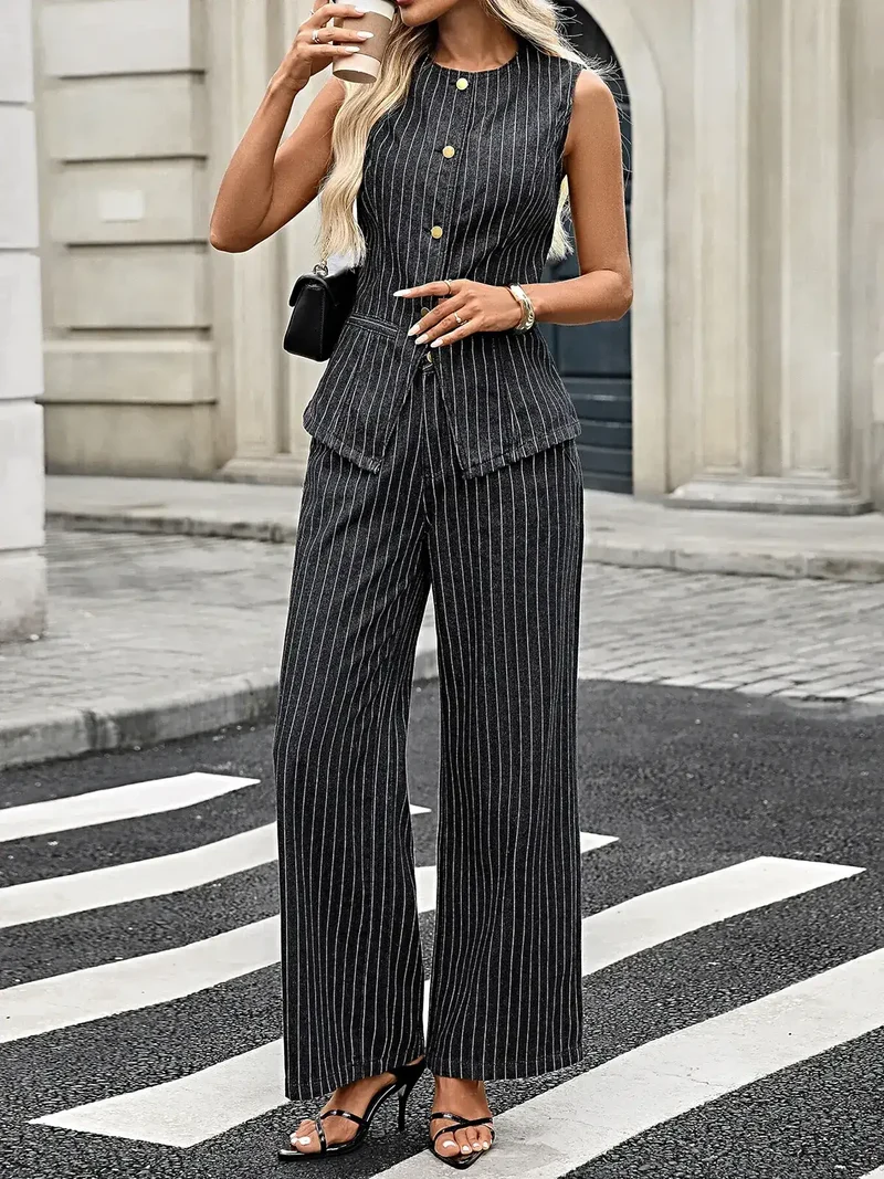 Elegante gestreepte top en broekset met zakjes - 85% katoenmix, licht elastisch