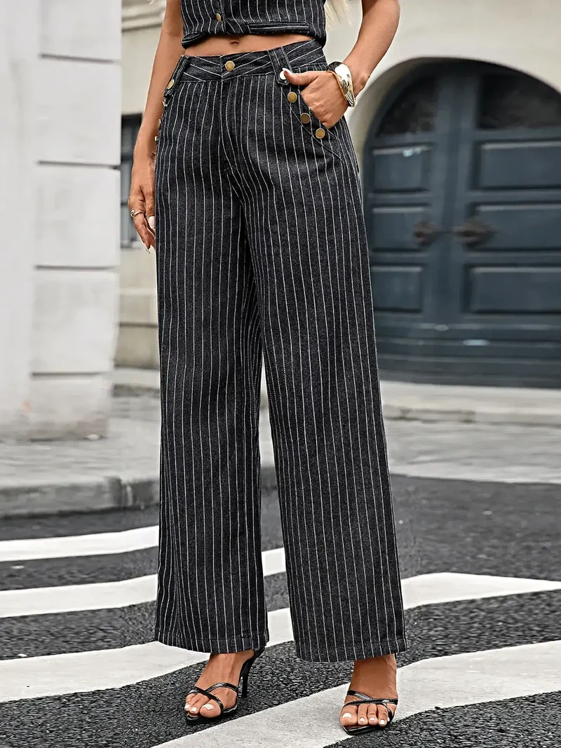 Elegante gestreepte top en broekset met zakjes - 85% katoenmix, licht elastisch