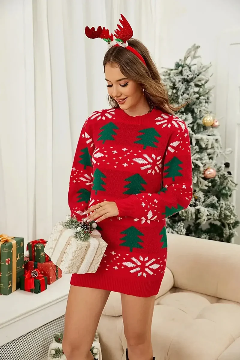 Elegante kerstboomjurk met ronde hals, zachte gebreide feestjurk voor dames