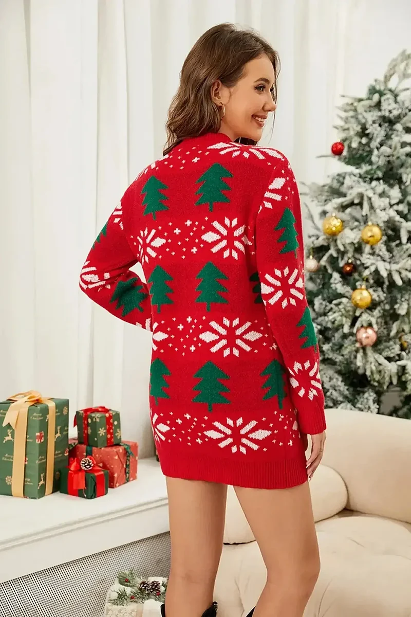 Elegante kerstboomjurk met ronde hals, zachte gebreide feestjurk voor dames