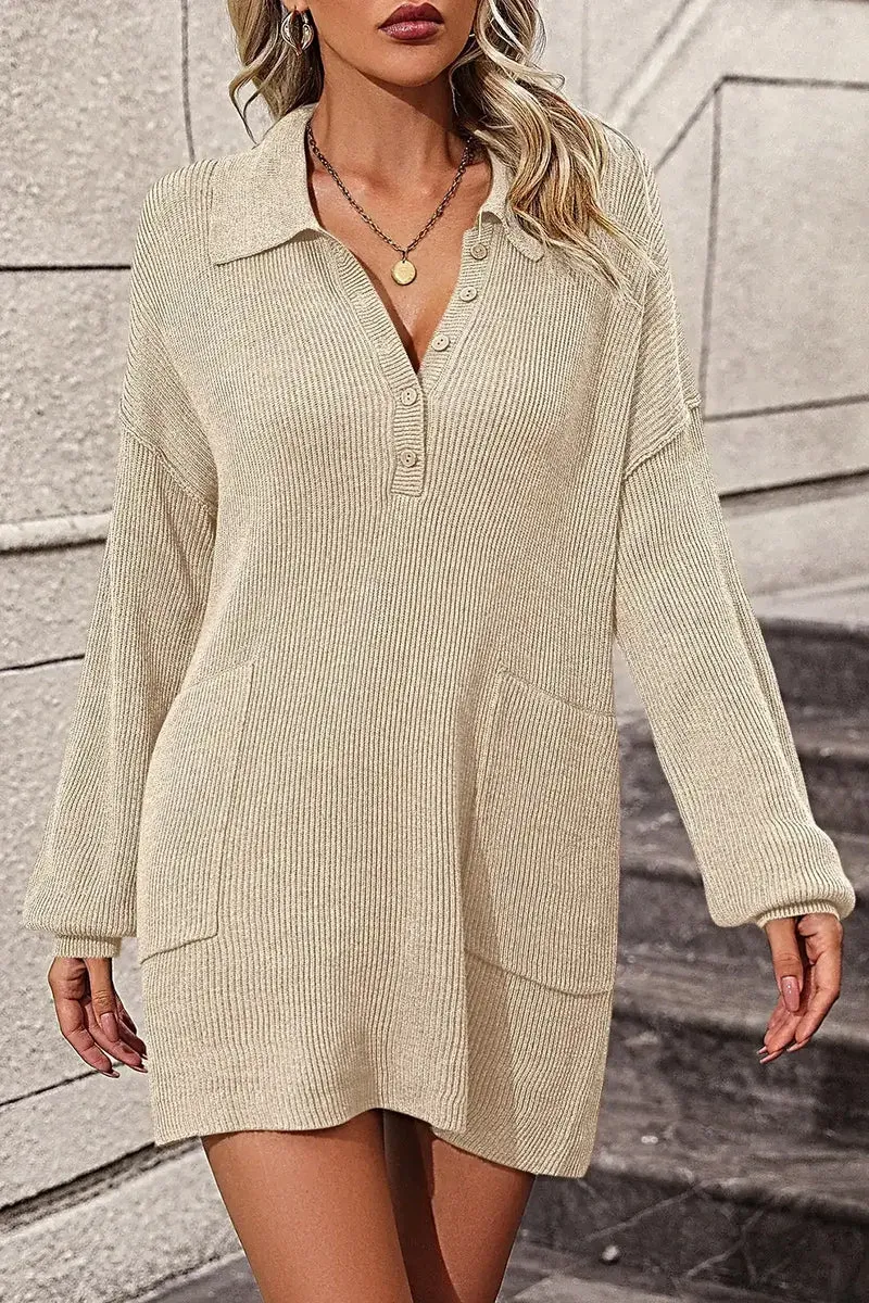 Trui-jurk met kraag, knoopsluiting aan de voorkant, lange mouwen en zakken voor dames.