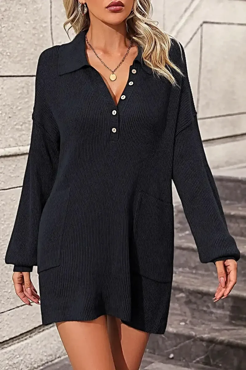 Trui-jurk met kraag, knoopsluiting aan de voorkant, lange mouwen en zakken voor dames.