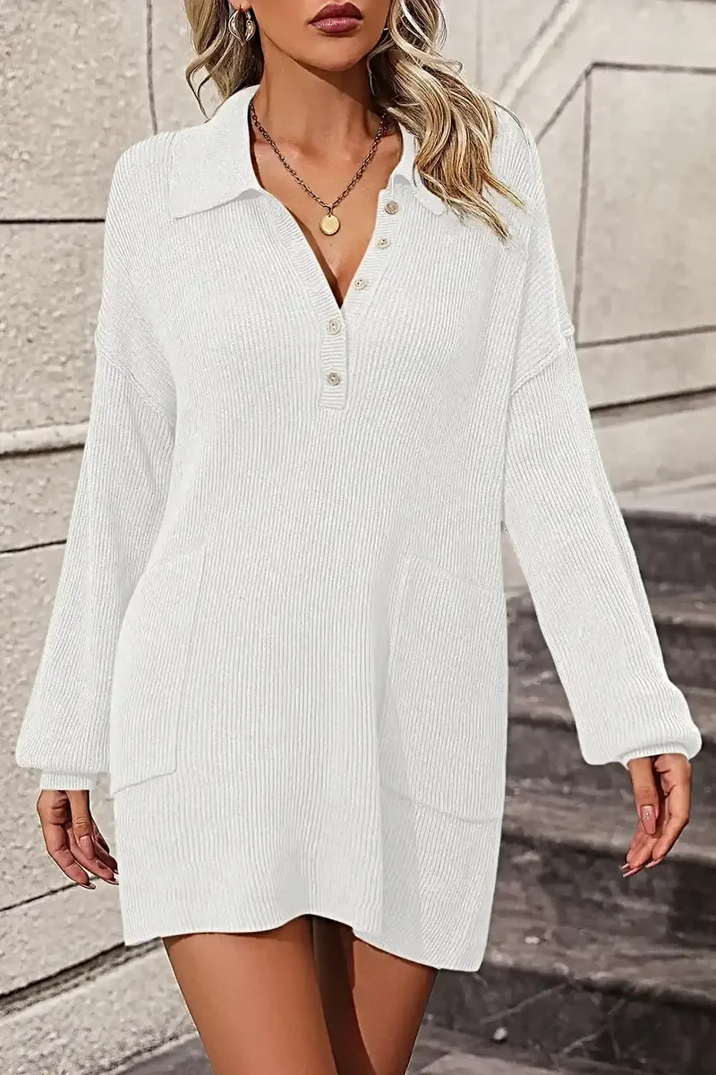 Trui-jurk met kraag, knoopsluiting aan de voorkant, lange mouwen en zakken voor dames.
