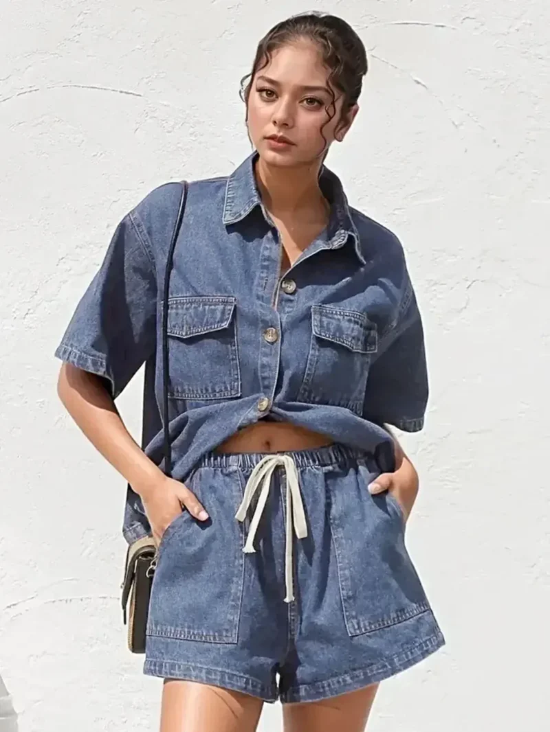 Chique denim outfit met kraag: top met knoopjes en short met trekkoord voor een stijlvolle en comfortabele look.
