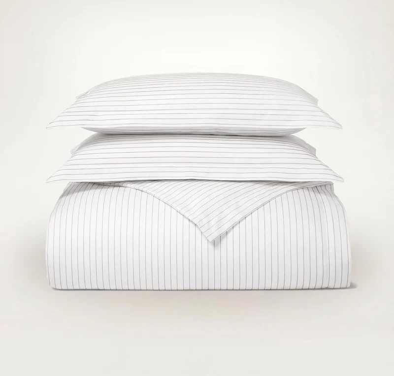 Percale Hemmed Duvet Set - White/Pewter Simple Stripe
