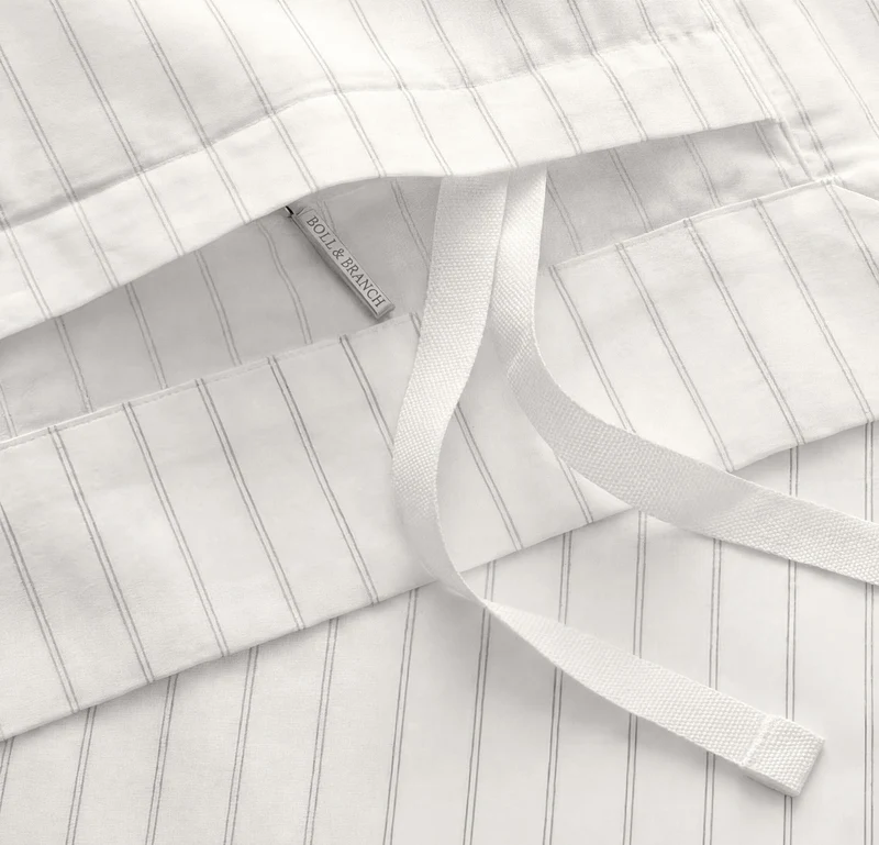 Percale Hemmed Duvet Set - White/Pewter Simple Stripe