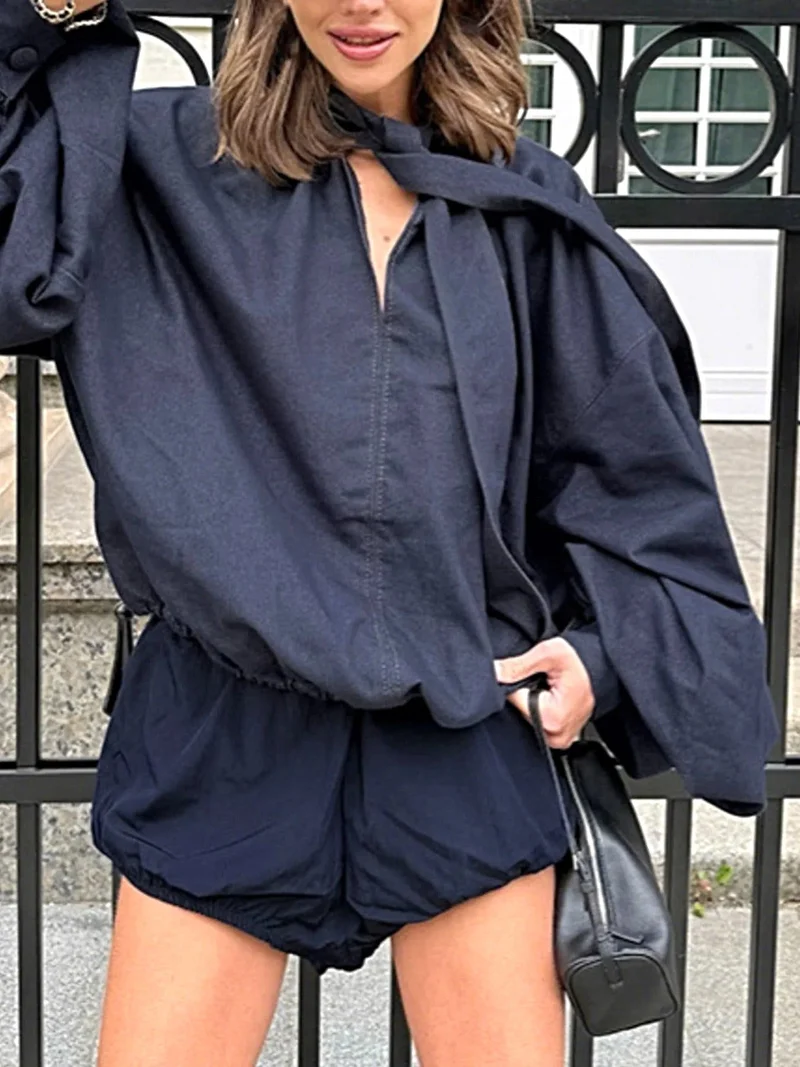 Chique denim outfit met strik aan de voorkant - 2-delige katoenen set met opvouwbaar ontwerp
