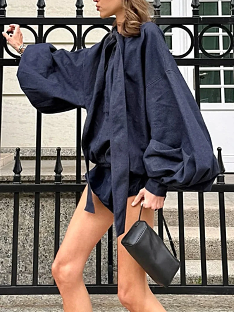 Chique denim outfit met strik aan de voorkant - 2-delige katoenen set met opvouwbaar ontwerp