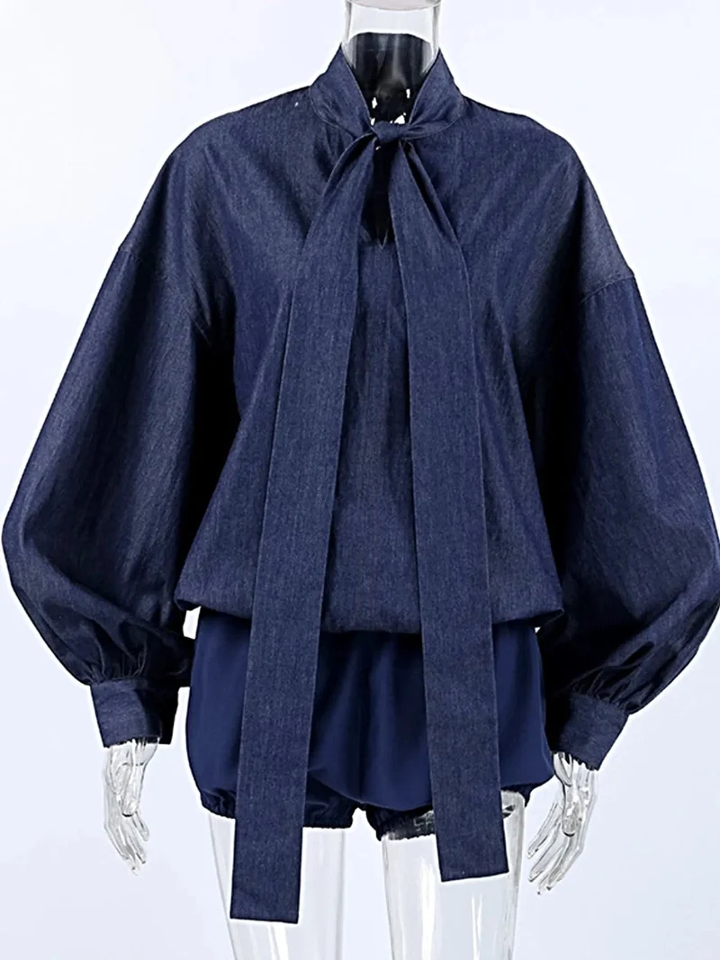 Chique denim outfit met strik aan de voorkant - 2-delige katoenen set met opvouwbaar ontwerp