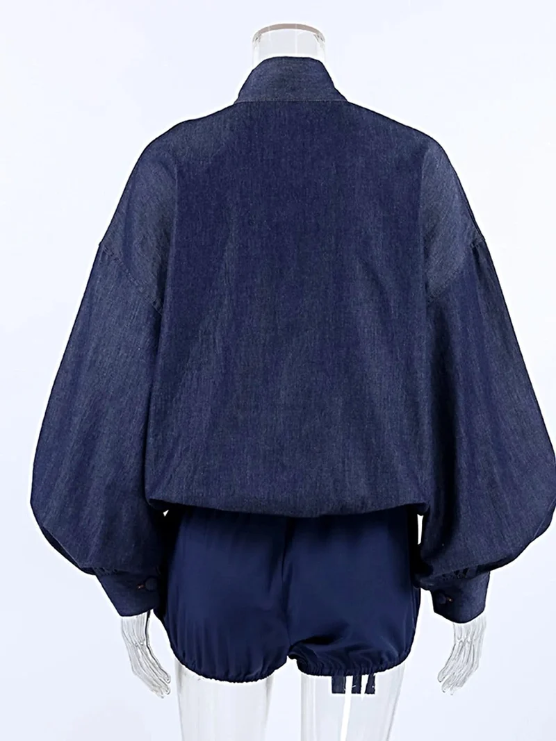 Chique denim outfit met strik aan de voorkant - 2-delige katoenen set met opvouwbaar ontwerp