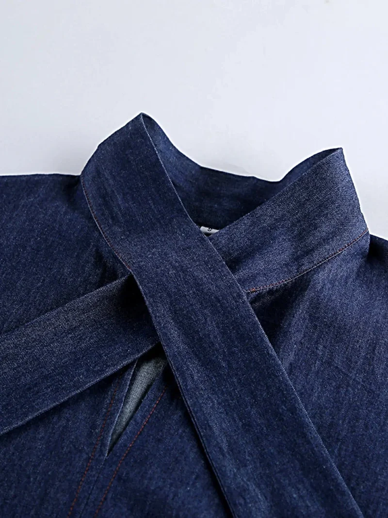 Chique denim outfit met strik aan de voorkant - 2-delige katoenen set met opvouwbaar ontwerp
