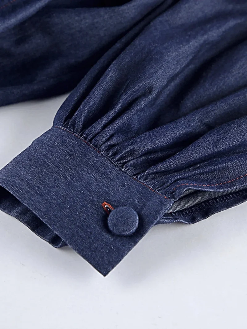 Chique denim outfit met strik aan de voorkant - 2-delige katoenen set met opvouwbaar ontwerp