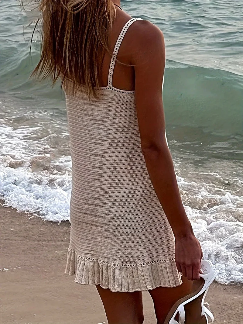 Elegante mouwloze sweaterjurk met gehaakt opengewerkt patroon, polyester-spandexmix, minilengte