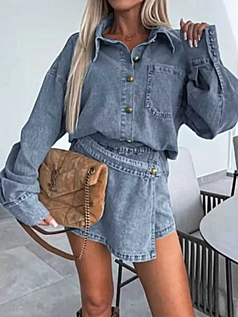Blouse met knoopsluiting en minirok, oversized denim set