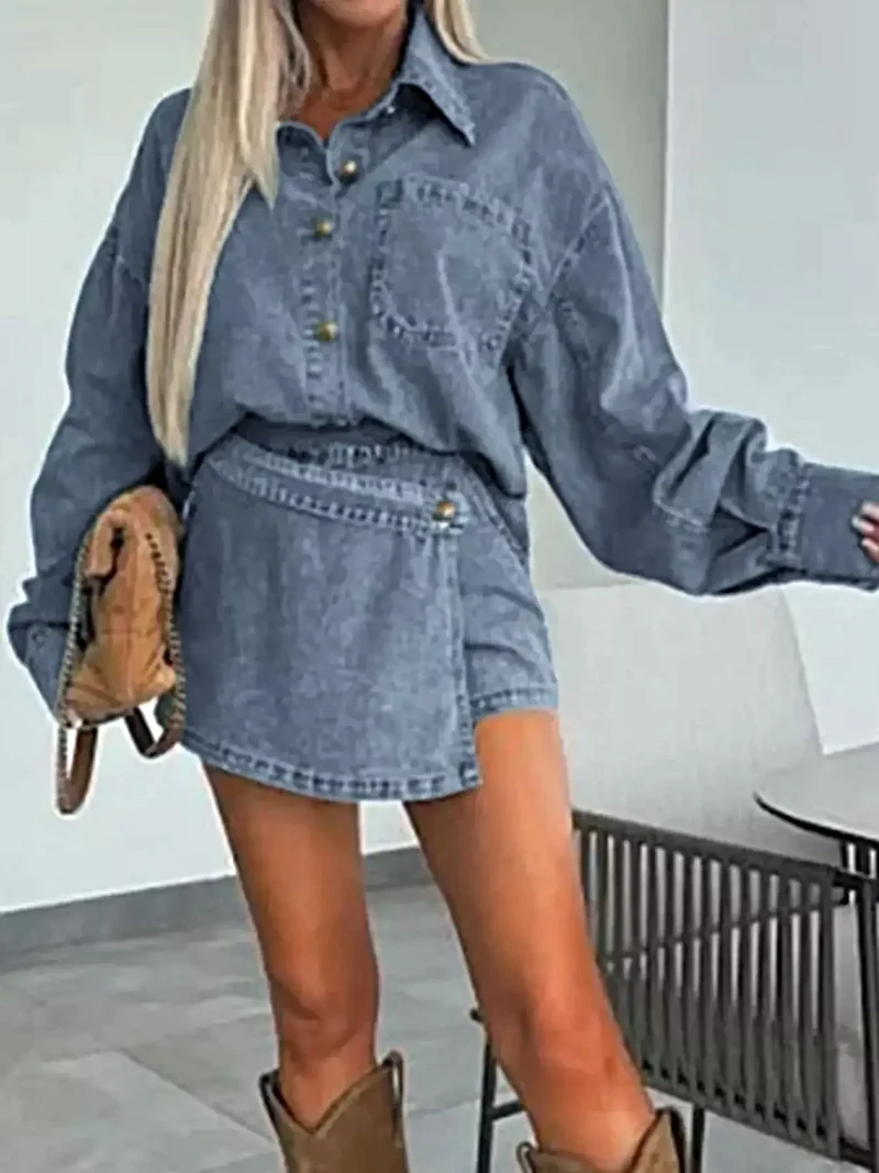 Blouse met knoopsluiting en minirok, oversized denim set