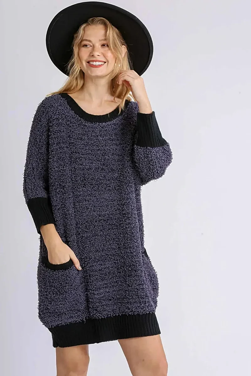 Umgee elegante plus size geribbelde sweaterjurk met ronde hals, 3/4 mouwen en zakken