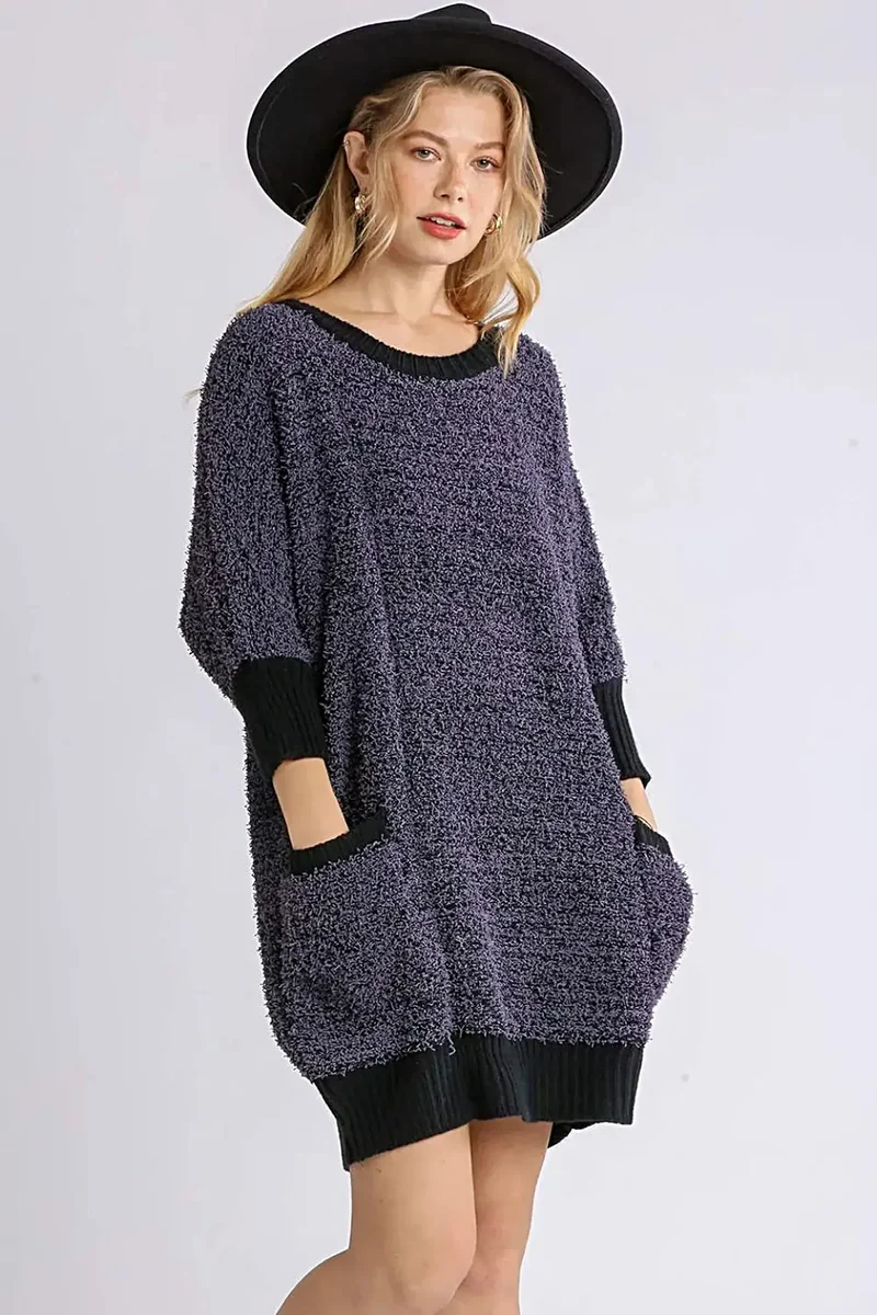 Umgee elegante plus size geribbelde sweaterjurk met ronde hals, 3/4 mouwen en zakken
