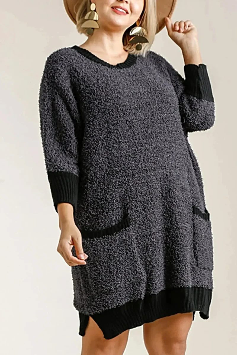 Umgee elegante plus size geribbelde sweaterjurk met ronde hals, 3/4 mouwen en zakken