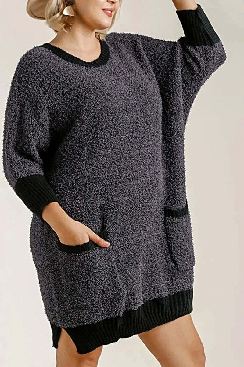 Umgee elegante plus size geribbelde sweaterjurk met ronde hals, 3/4 mouwen en zakken