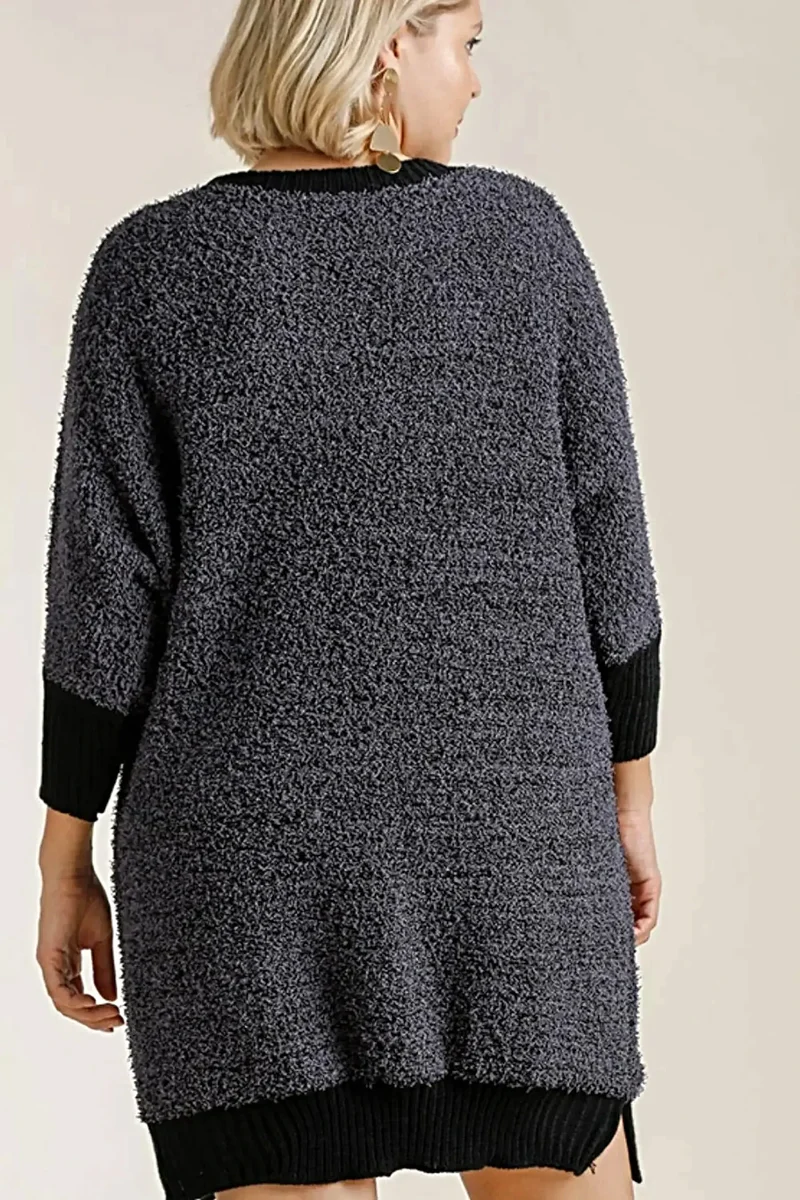 Umgee elegante plus size geribbelde sweaterjurk met ronde hals, 3/4 mouwen en zakken