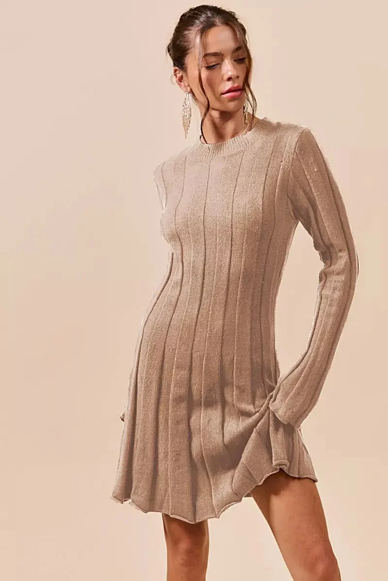 Geribbelde sweaterjurk, luxe mini-jurk met lange mouwen van viscosemix en stretchstof.