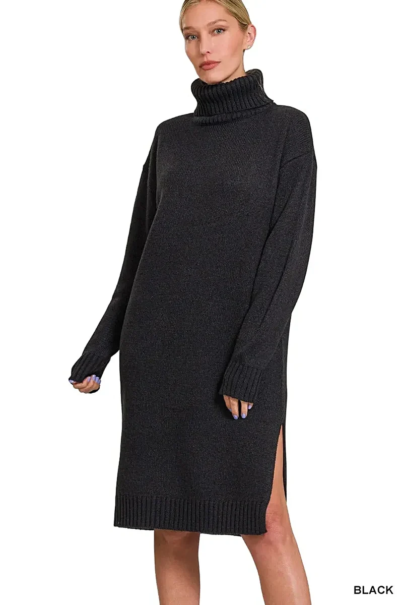 Zenana elegante geribbelde coltrui-jurk met split, lange mouwen en midi-lengte