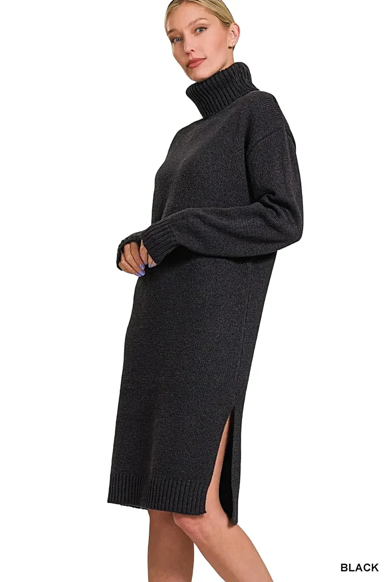Zenana elegante geribbelde coltrui-jurk met split, lange mouwen en midi-lengte