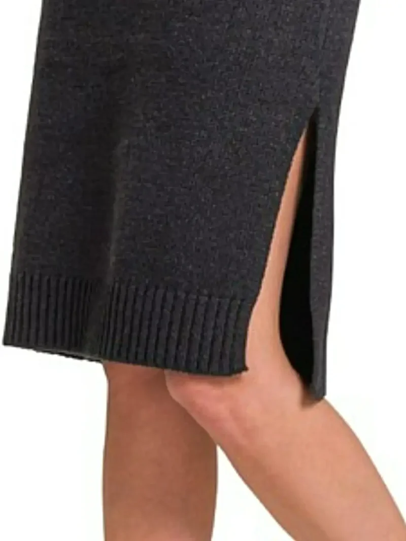 Zenana elegante geribbelde coltrui-jurk met split, lange mouwen en midi-lengte
