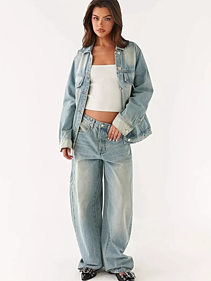 Stijlvol spijkerjasje met knoopsluiting en jeansset - Tweedelig ensemble van katoenmix