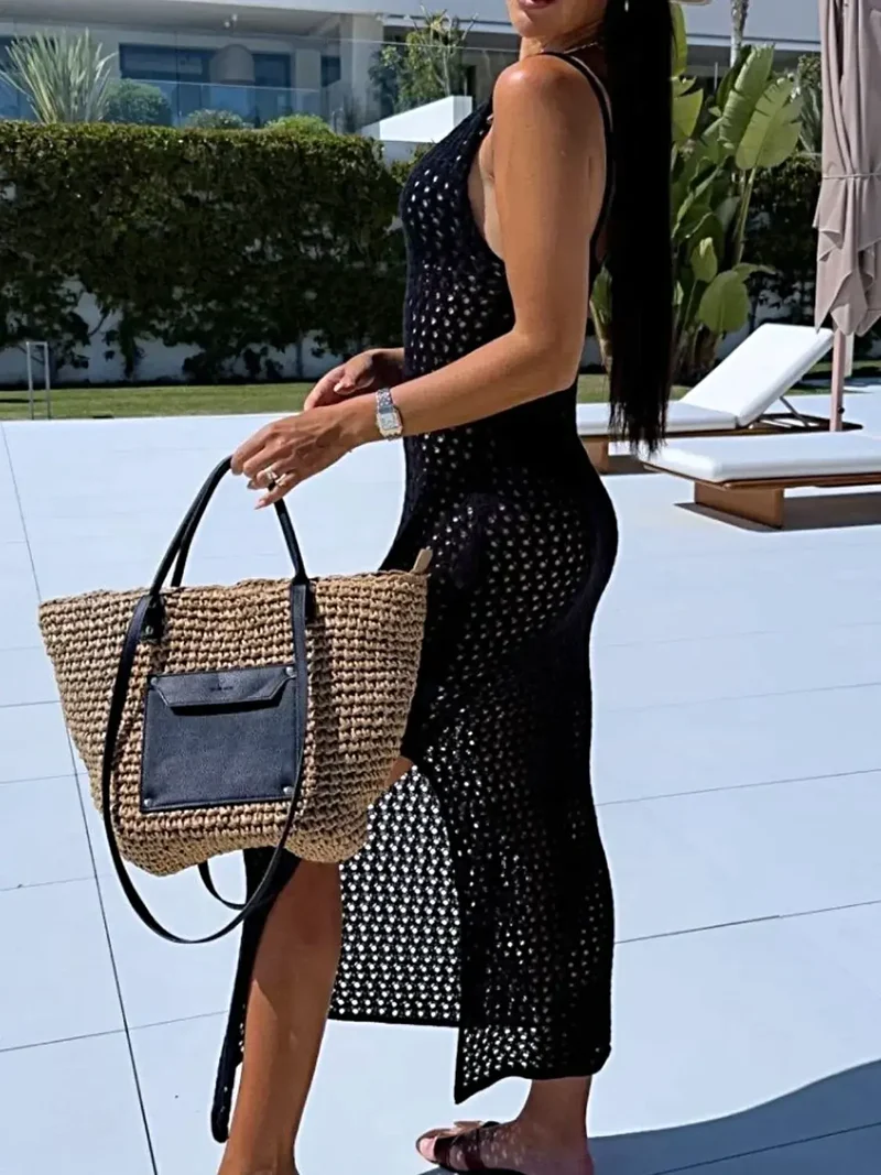 Trui-jurk met opengewerkte split en ronde hals - elegante, lichtgewicht stretch gebreide stijl