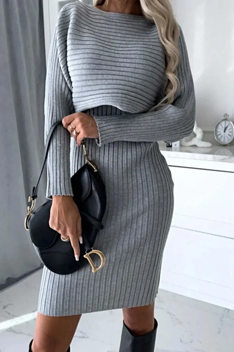 Geribbelde sweaterjurk set: 2-delige set bestaande uit een top met ronde hals en een cami-jurk, gelaagde outfit