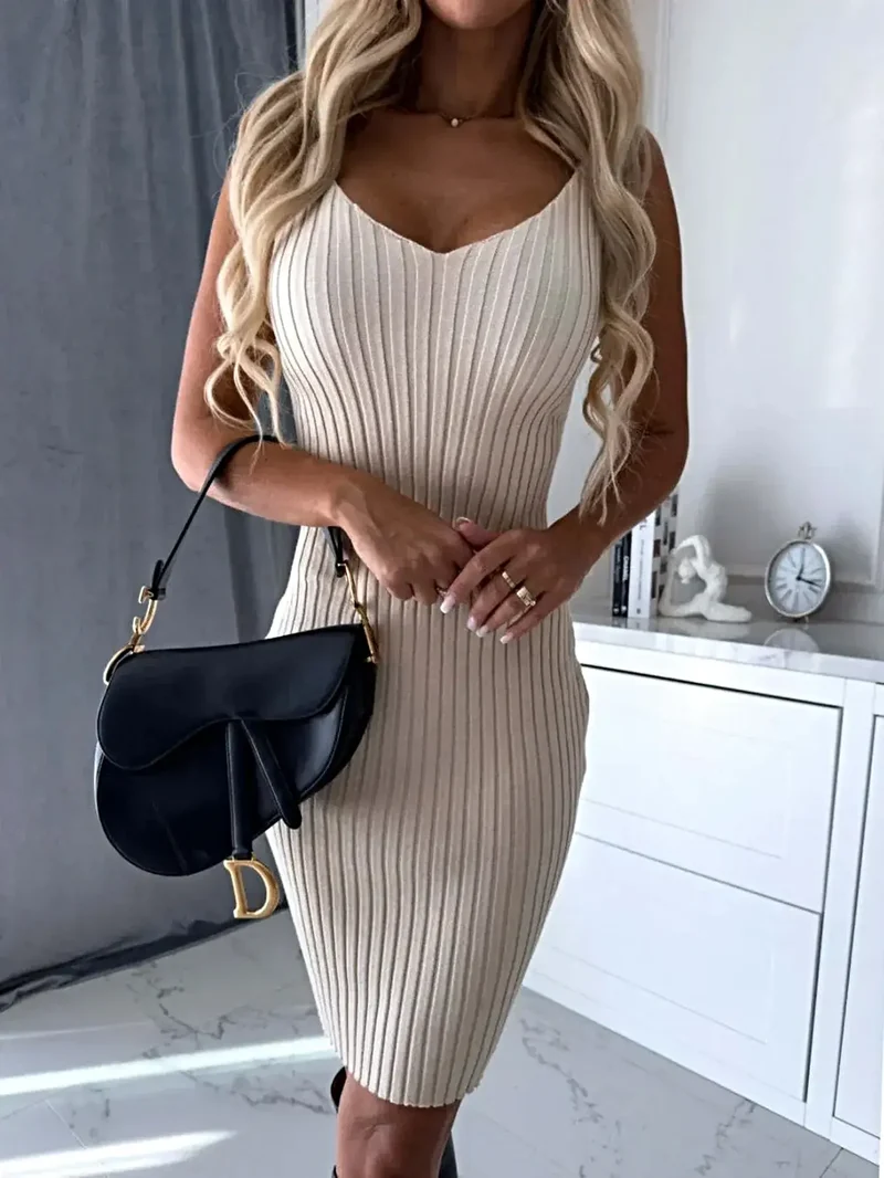 Geribbelde sweaterjurk set: 2-delige set bestaande uit een top met ronde hals en een cami-jurk, gelaagde outfit