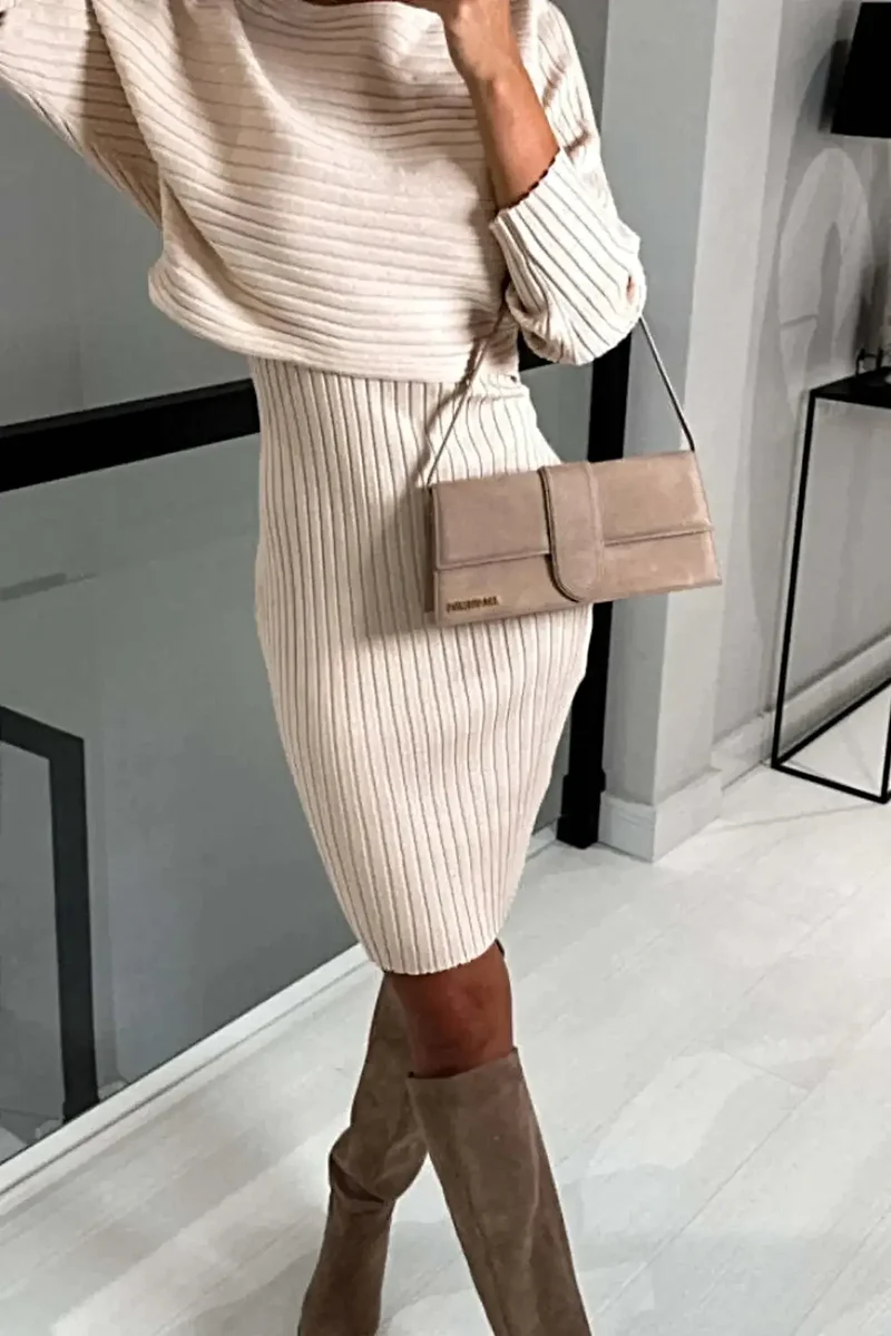 Geribbelde sweaterjurk set: 2-delige set bestaande uit een top met ronde hals en een cami-jurk, gelaagde outfit