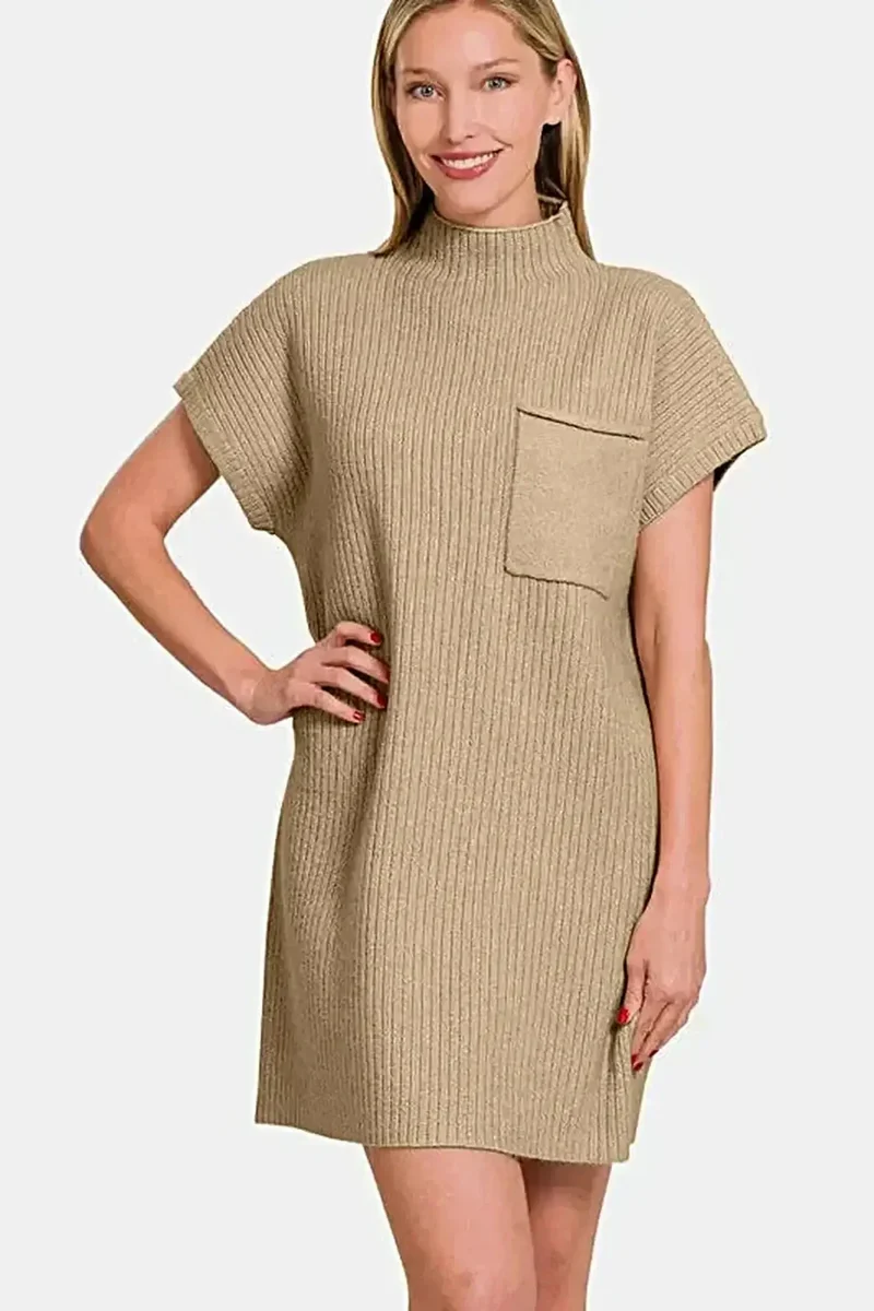 Dames mini-jurk van geribbelde trui met korte mouwen – een comfortabele, elastische overgangsstijl