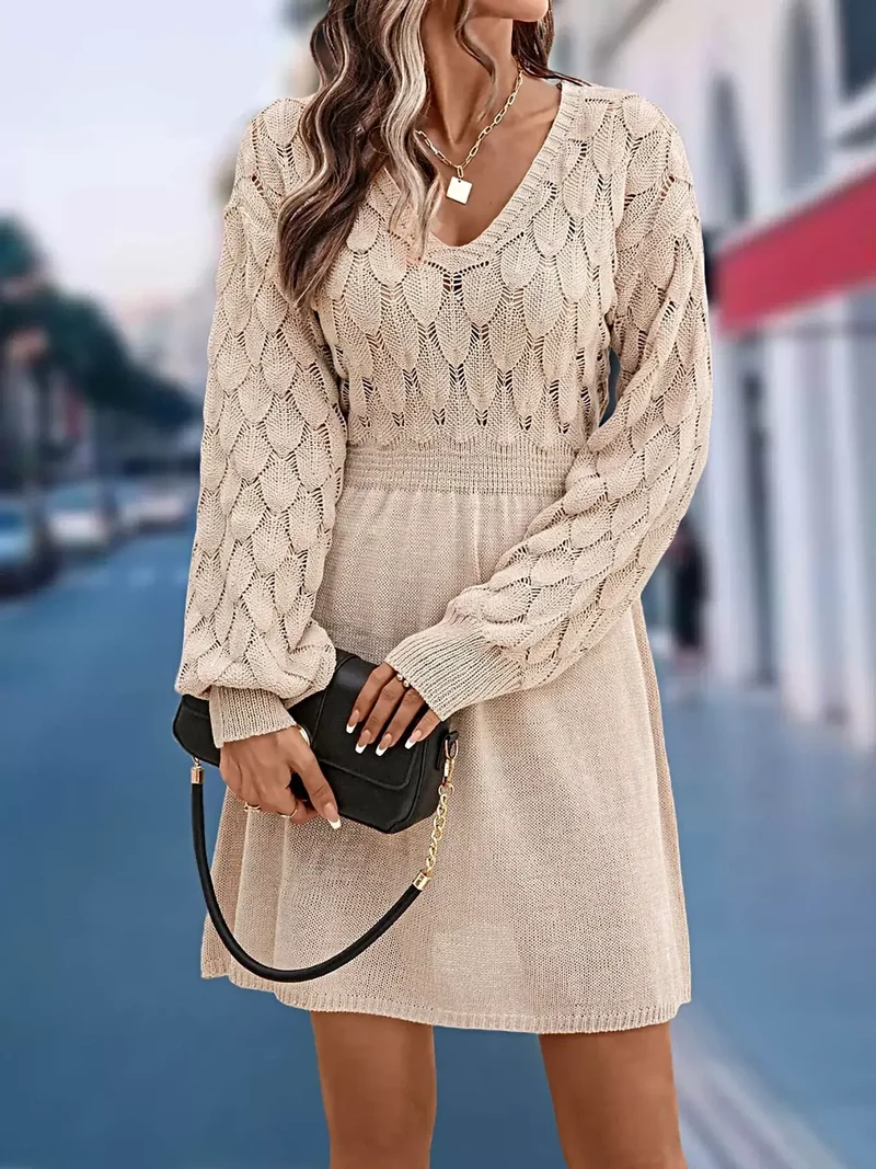 Casual wintertrui-jurk - elegante V-hals, lange mouwen, opengewerkt breisel met lichte stretch