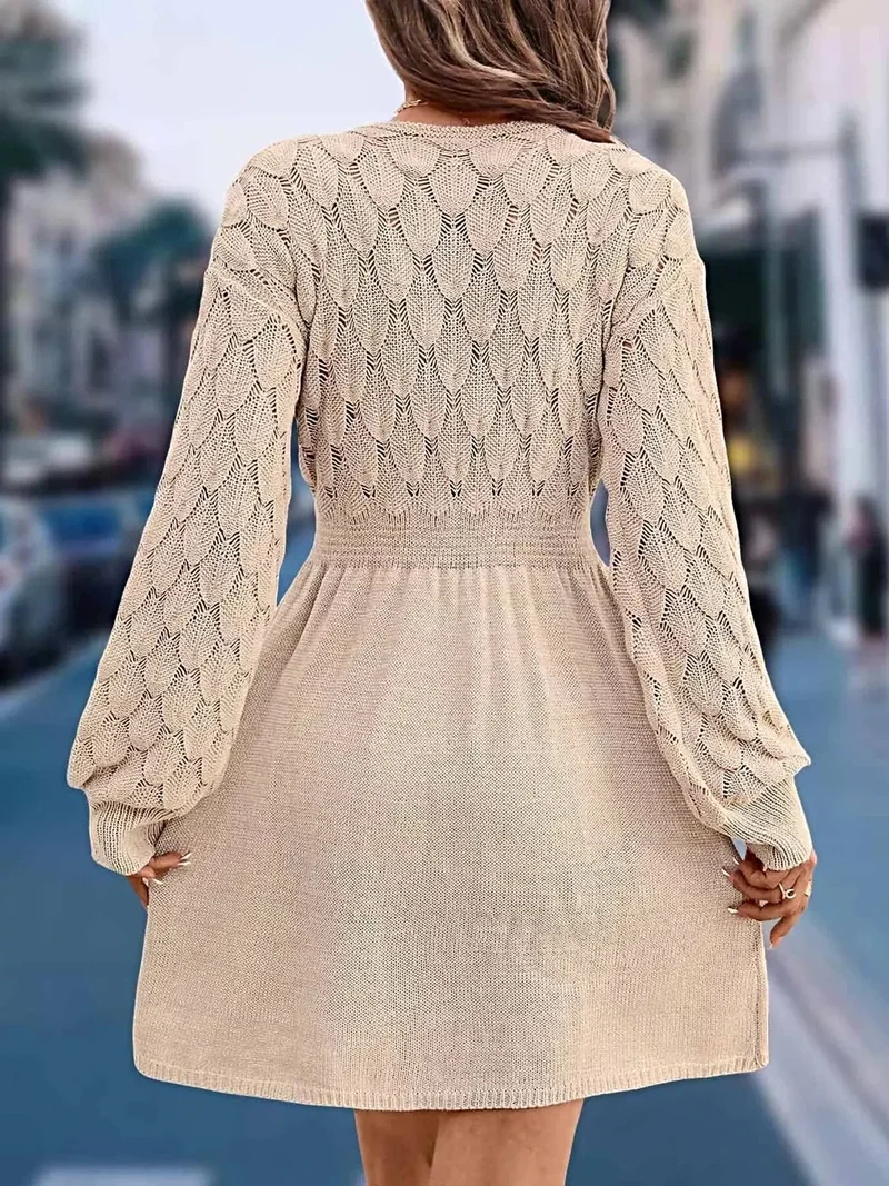 Casual wintertrui-jurk - elegante V-hals, lange mouwen, opengewerkt breisel met lichte stretch