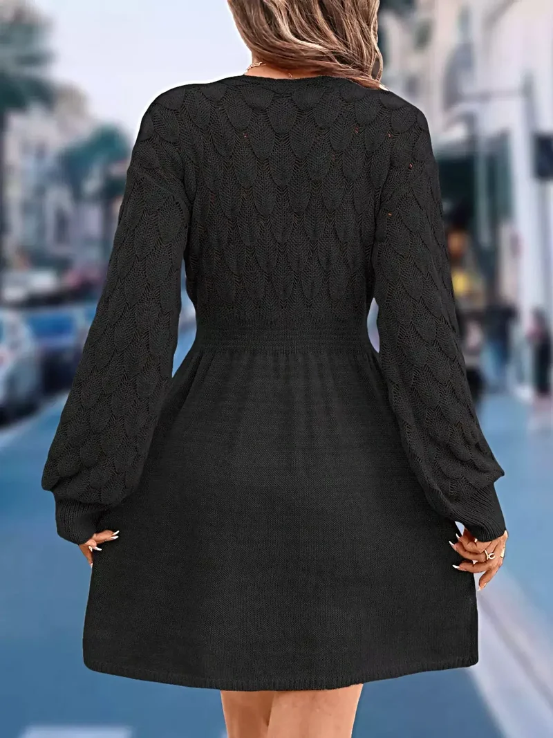 Casual wintertrui-jurk - elegante V-hals, lange mouwen, opengewerkt breisel met lichte stretch