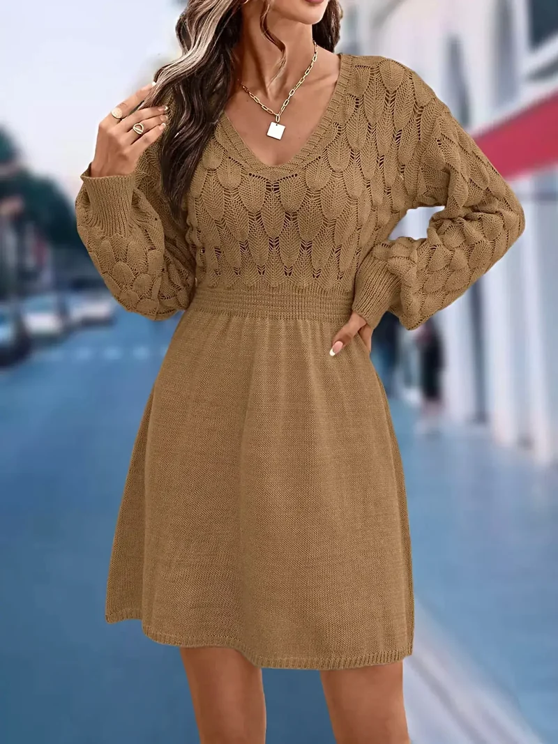 Casual wintertrui-jurk - elegante V-hals, lange mouwen, opengewerkt breisel met lichte stretch