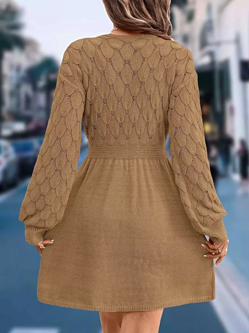Casual wintertrui-jurk - elegante V-hals, lange mouwen, opengewerkt breisel met lichte stretch