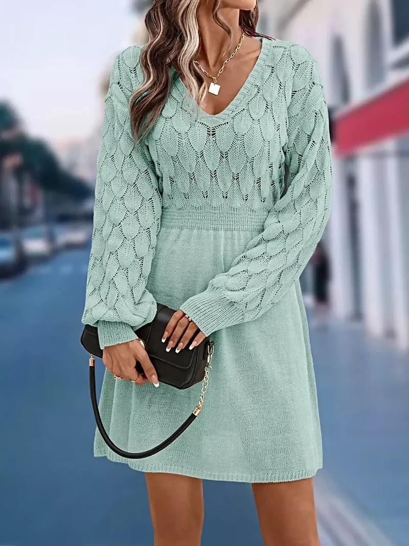 Casual wintertrui-jurk - elegante V-hals, lange mouwen, opengewerkt breisel met lichte stretch