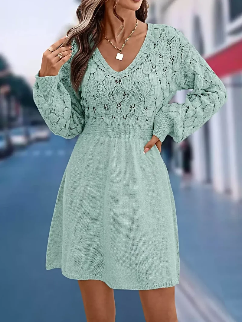 Casual wintertrui-jurk - elegante V-hals, lange mouwen, opengewerkt breisel met lichte stretch
