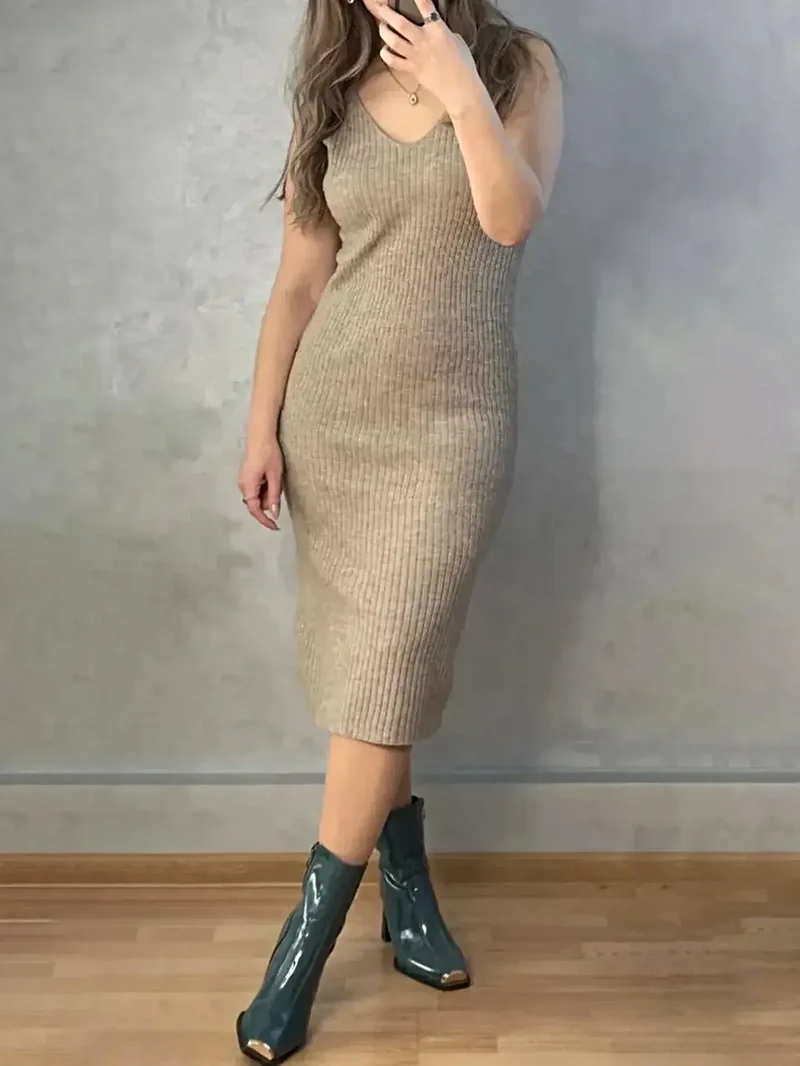 V-hals cami-jurk, tweedelige set met open vestje, zachte stretchstof